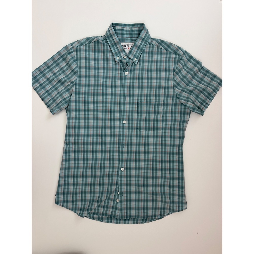 Mizzen + Main Leeward Trim Fit Plaid Short Sleeve Button Down Shirt Large Teal